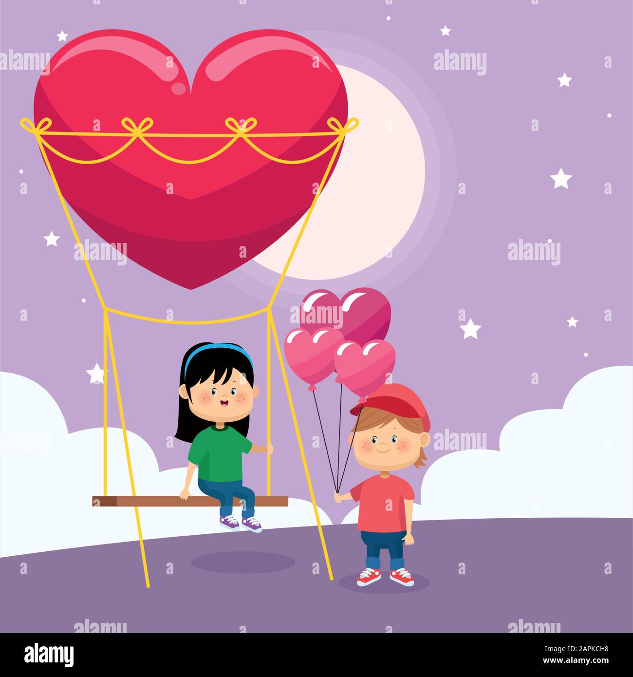 heureux garçon avec des ballons de coeur et fille sur le swing de coeur Illustration de Vecteur