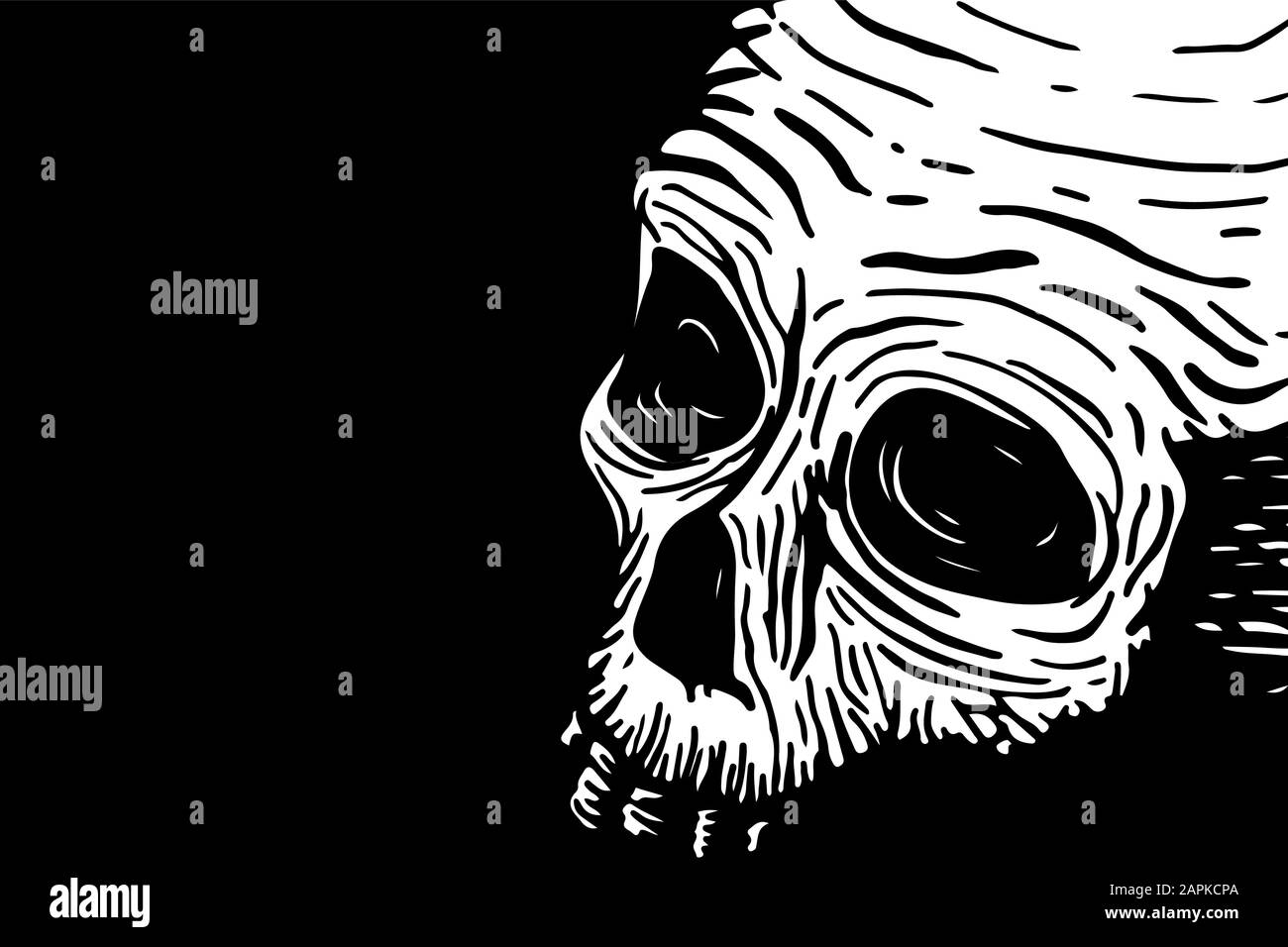 Modèle de bannière avec crâne d'un homme mort et place pour le texte sur un fond noir. Illustration du dessin vectoriel à main. Illustration de Vecteur