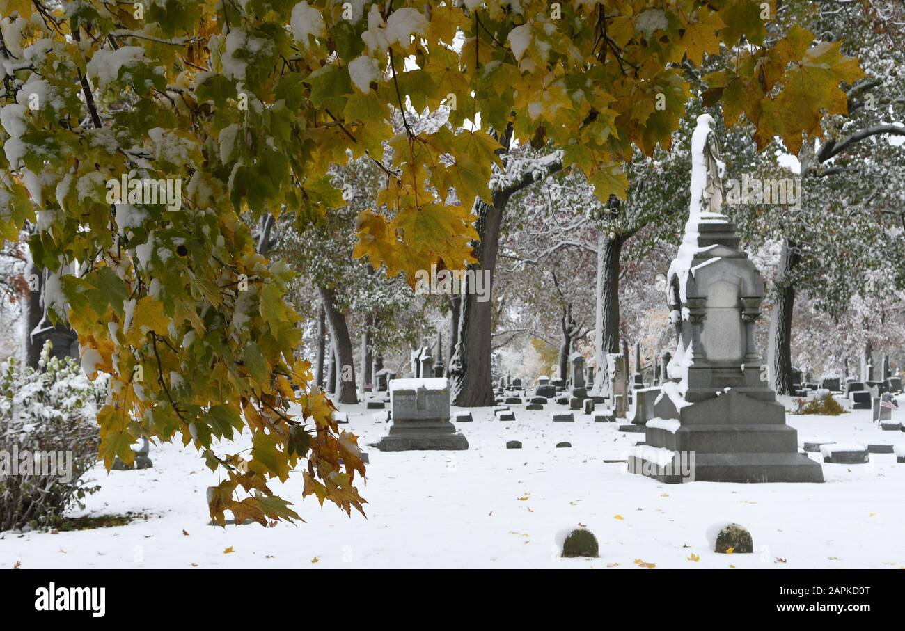 31 octobre 2019, racine, Wisconsin, États-Unis : les couleurs de l'automne sont encore évidentes sur de nombreux arbres lorsque le cimetière historique de Mound de couvertures de neige tôt dans la saison à racine, Wisconsin, jeudi 31 octobre 2019. Certaines communautés de la région ont reporté le tour d'Halloween ou ont traité des activités à cause de la neige. (Image De Crédit : © Mark Hertzberg/Zuma Wire) Banque D'Images