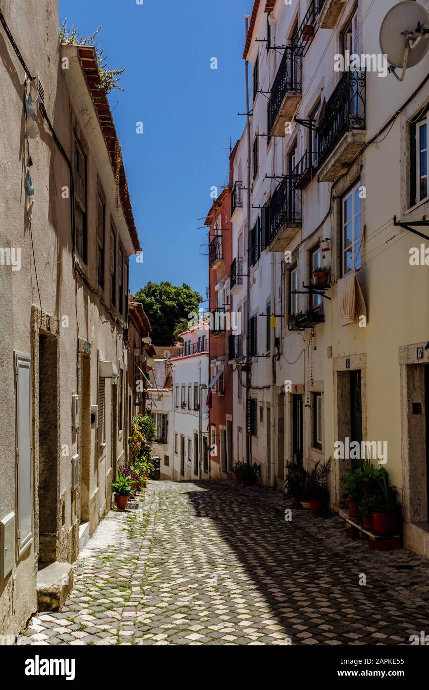 Rue pavée étroite dans le quartier d'Alfama, le printemps est ensoleillé. Banque D'Images