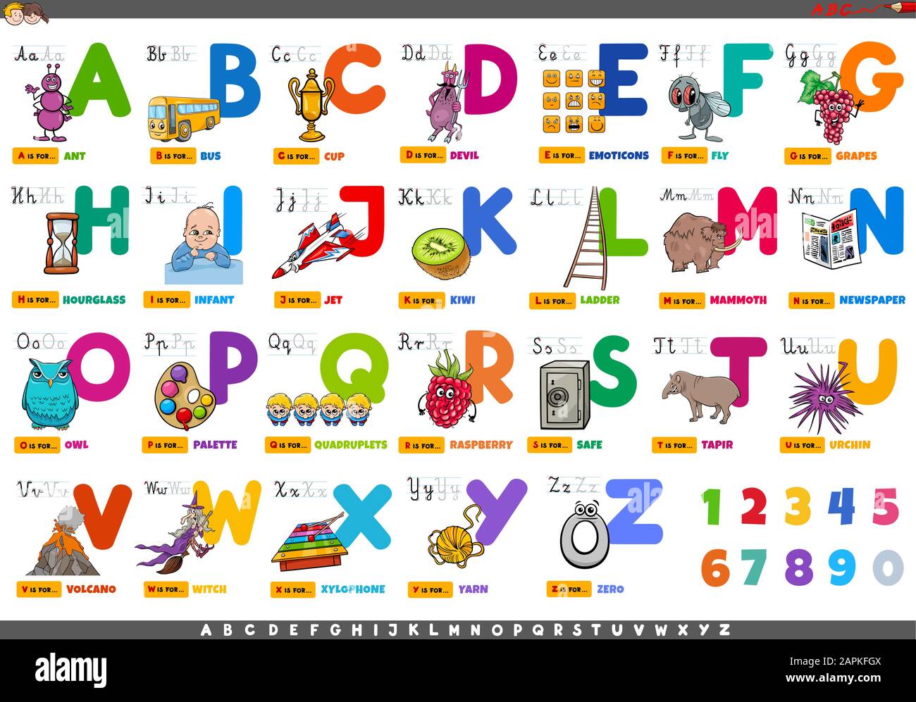 Dessin Lettres Alphabet Dessin animé Illustration des lettres de capitale Alphabet ensemble avec Des Personnages Et des objets Drôles pour la lecture et L'Écriture éducation pour les enfants Image Vectorielle Stock - Alamy