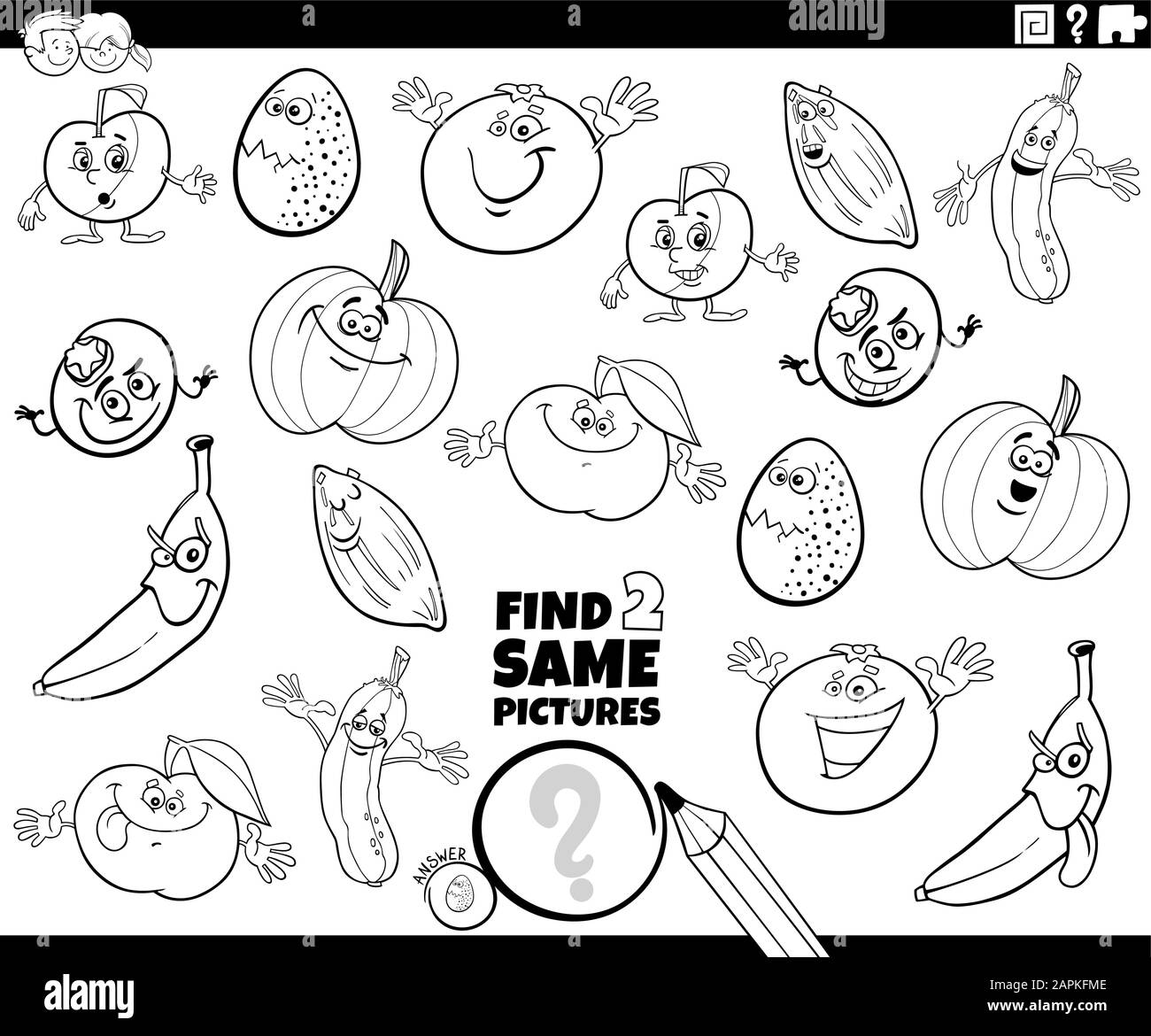 Black and White Cartoon Illustration de Trouver Deux mêmes images activité éducative jeu pour enfants avec Légumes et Fruits et Caractère alimentaire Illustration de Vecteur