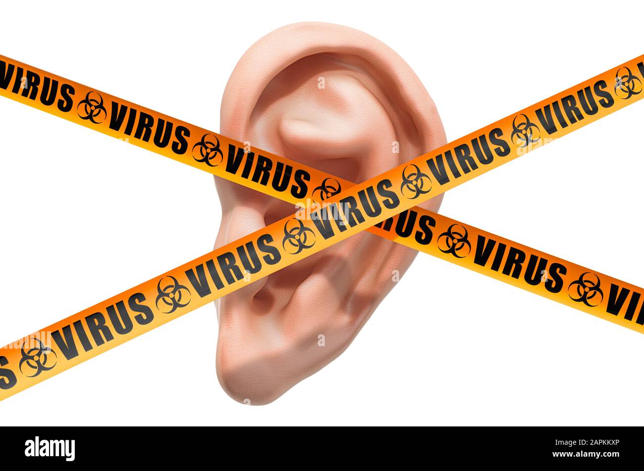Concept de virus de l'oreille humaine, rendu tridimensionnel isolé sur fond blanc Banque D'Images
