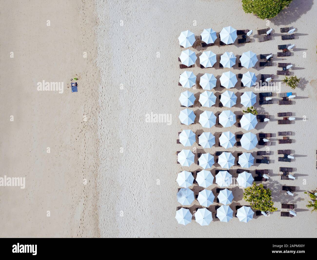 Indonésie, Bali, vue aérienne de l'homme qui bronzer devant des rangées de parasols sur la plage de sable de Nusa Dua Banque D'Images