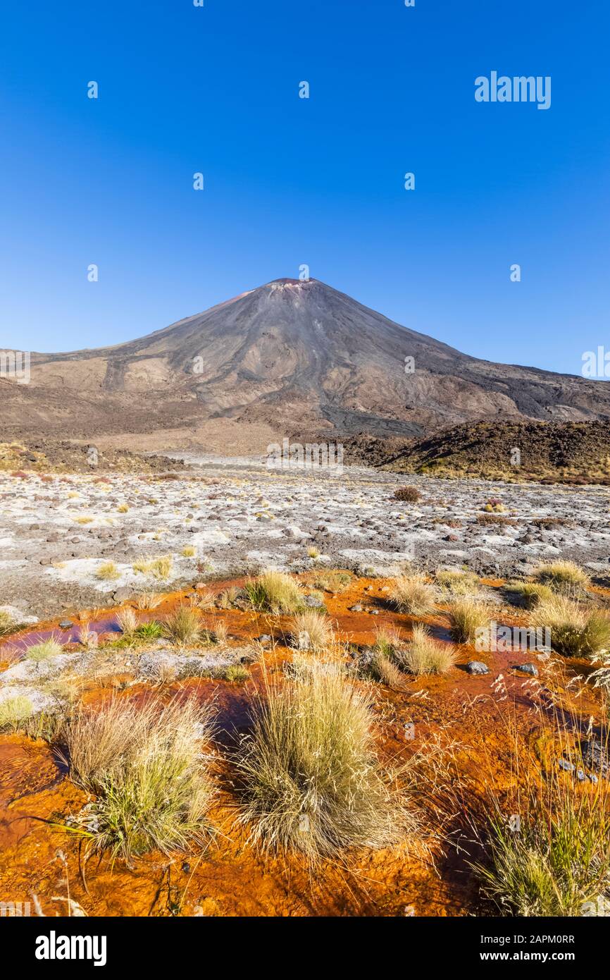 Nouvelle-Zélande, Ruapehu District, ciel dégagé au-dessus de Soda Springs et du volcan du mont Ngauruhoe Banque D'Images