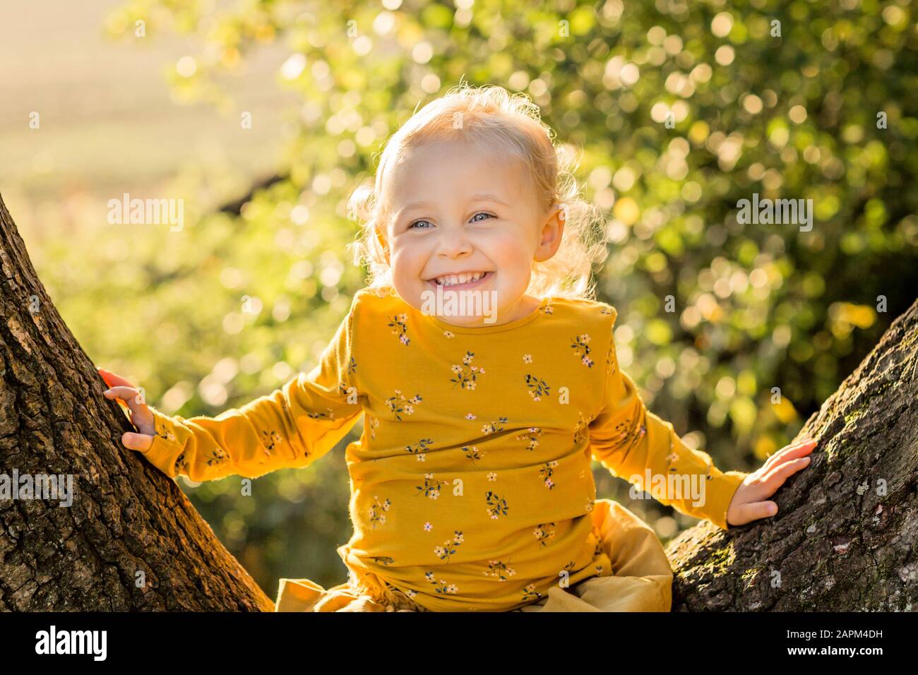 Portrait d'une jeune fille blonde heureuse assise sur le tronc de l'arbre Banque D'Images