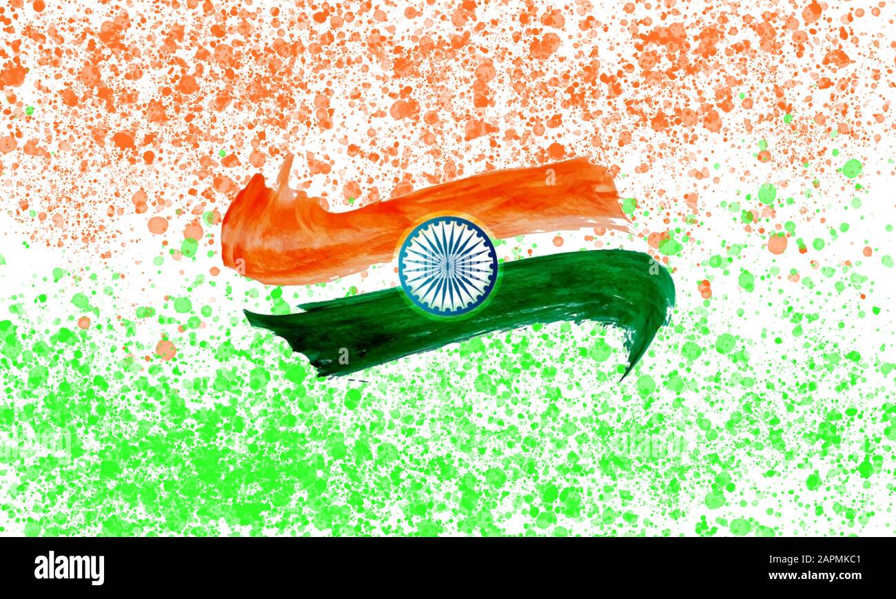 Fond De La Carte De Vœux De La Fête De La République Heureuse. 26 Janvier Élément De Conception. L'Indépendance De L'Inde Concept. Peinture.Contour Du Pinceau. Indienne Tricolor.Ashoka Chakra. Banque D'Images