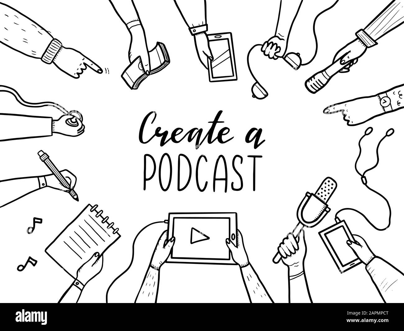 Hand drawn doodle mains style avec différents éléments, microphone, tablette, ordinateur portable. Concept de podcast, diffusion, enregistrement studio, le podcasting business. Vector illustration avec texte, lettrage place Illustration de Vecteur