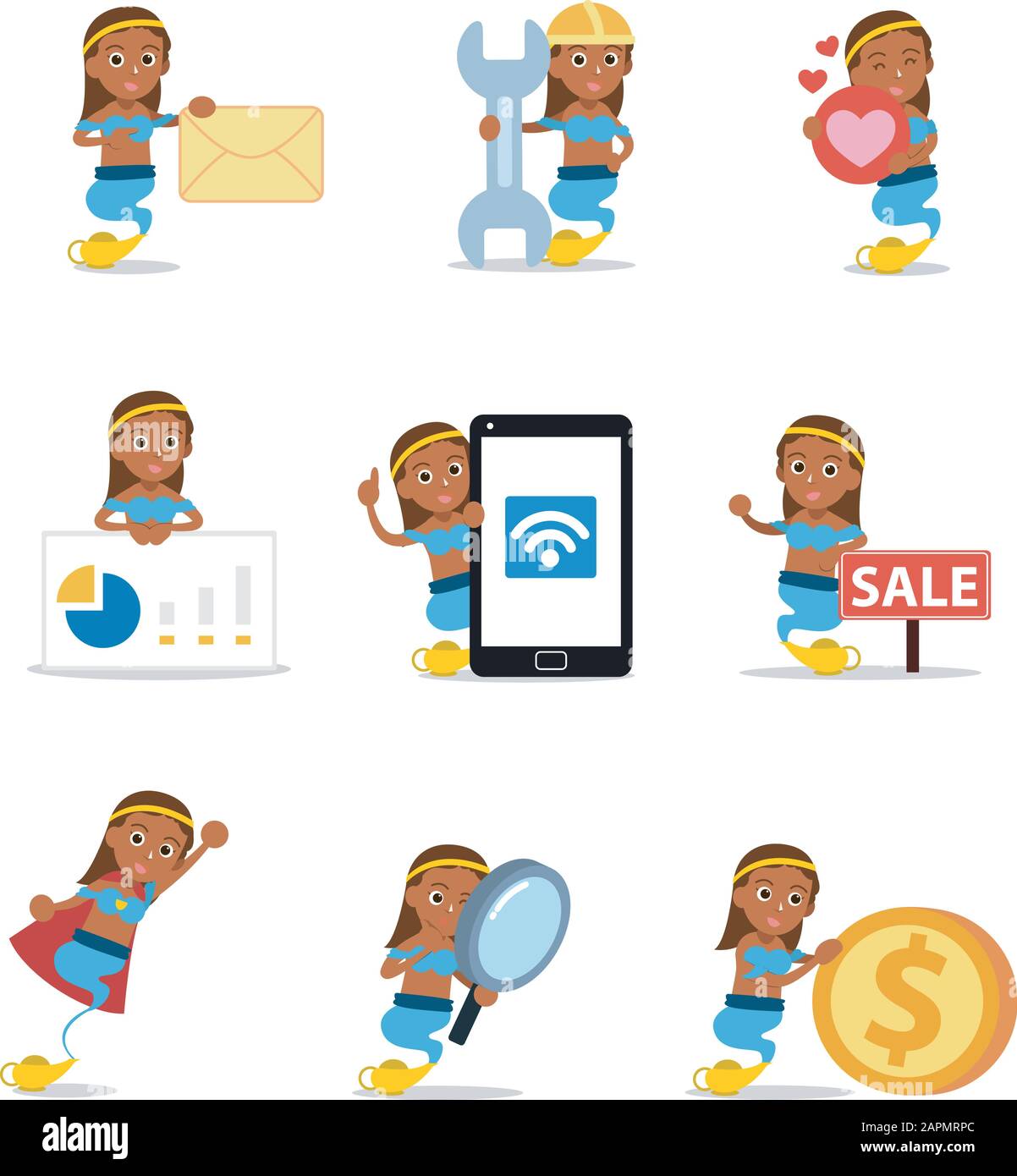 Jeu de femmes de caractère génie dans une bouteille. Illustration de Vecteur