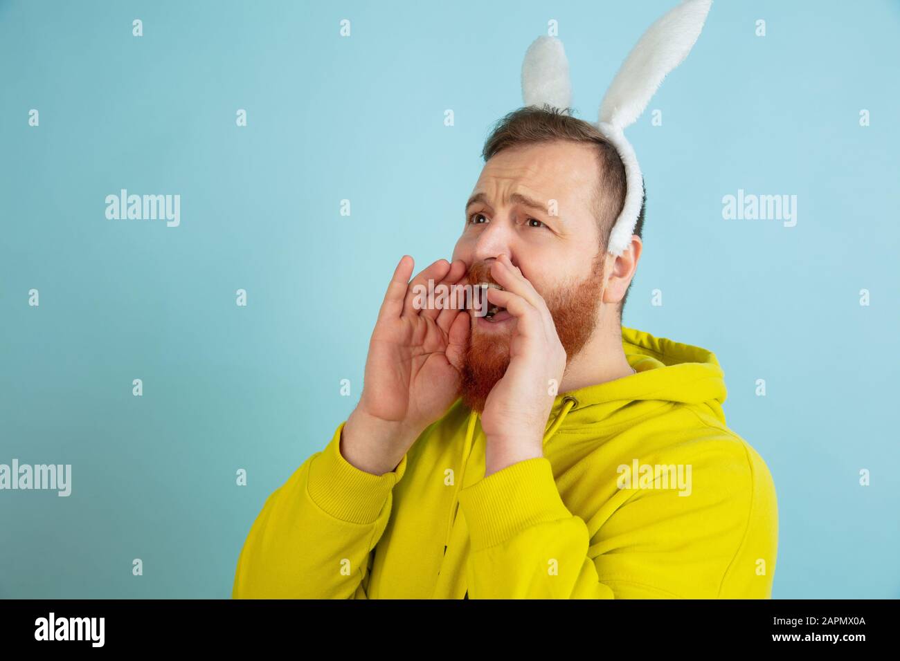 Appel, hurlement. Homme caucasien comme lapin de Pâques avec des vêtements décontractés lumineux sur fond bleu studio. Joyeuses salutations de pâques. Concept d'émotions humaines, d'expression faciale, de vacances. Copyspace. Banque D'Images