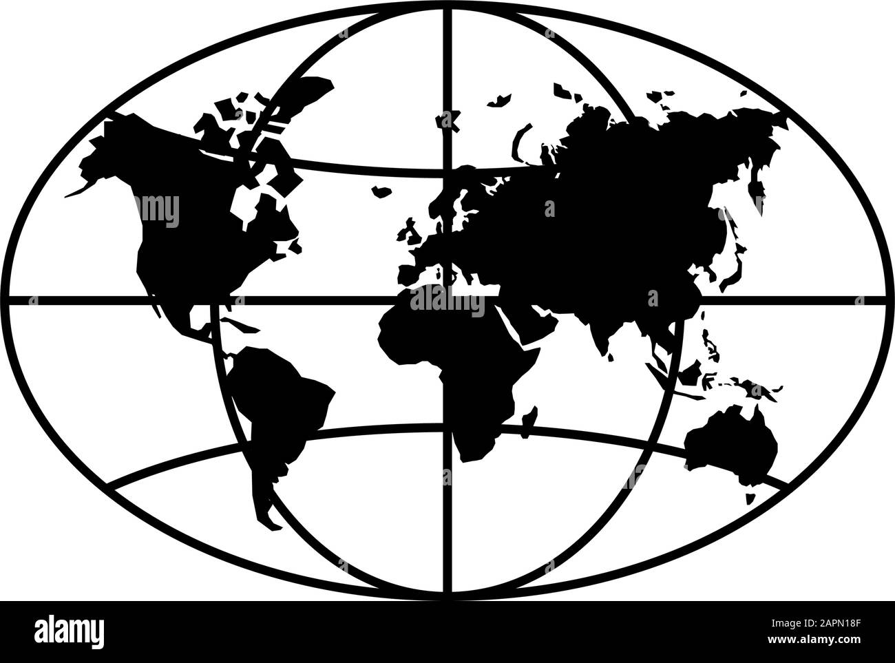 Carte planète monde cercle allongé noir icône. Globe Earth continents vecteur ovale isolé symbole Illustration de Vecteur