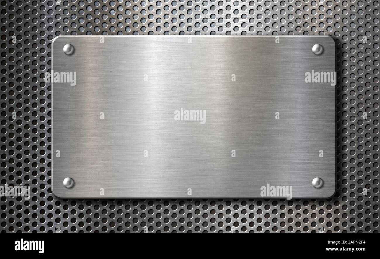 Plaque métallique en acier avec rivets sur fond de grille Banque D'Images