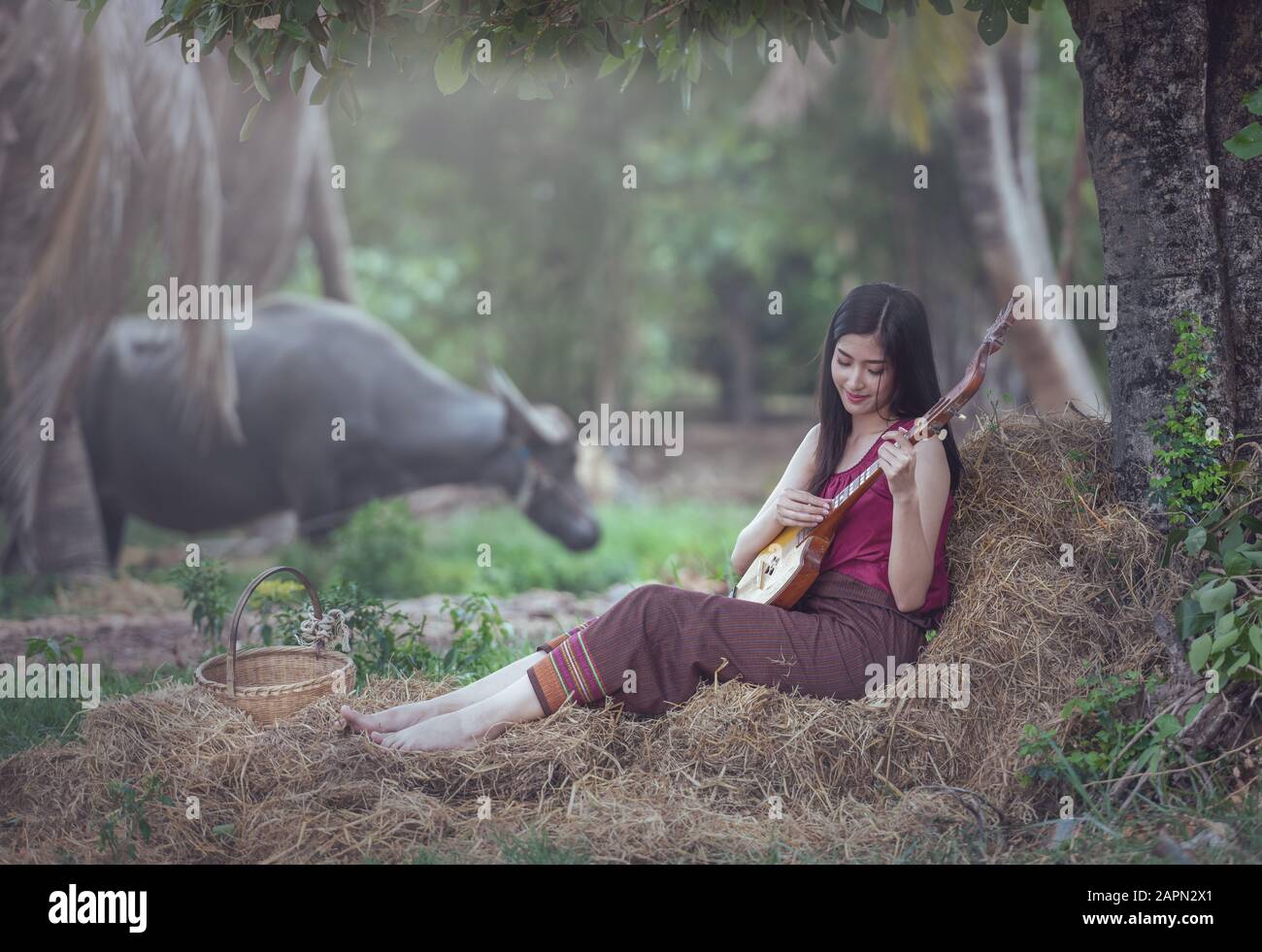 Une femme thaïlandaise jouant à la chanson folklorique avec un instrument de musique traditionnelle PIN (Isan Guitar) Banque D'Images