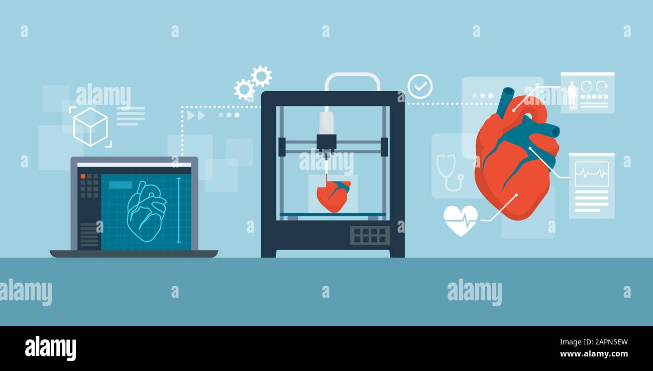 Processus d'impression médicale en relief du cœur humain : projet, impression et produit final Illustration de Vecteur