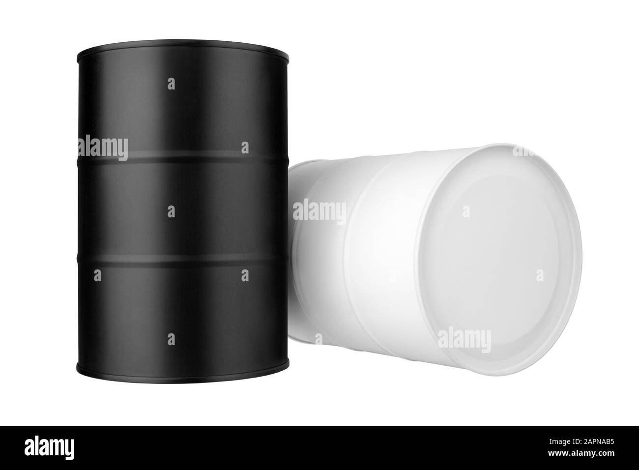 Deux fûts en métal noir et blanc isolés, un tambour à huile, un fût en acier, une boîte d'étain alimentaire fermée vierge, un fût en aluminium, un emballage de stockage de pétrole, du carburant Banque D'Images Deux fûts en métal noir et blanc isolés, un tambour à huile, un fût en acier, une boîte d'étain alimentaire fermée vierge, un fût en aluminium, un emballage de stockage de pétrole, du carburant Banque D'Images