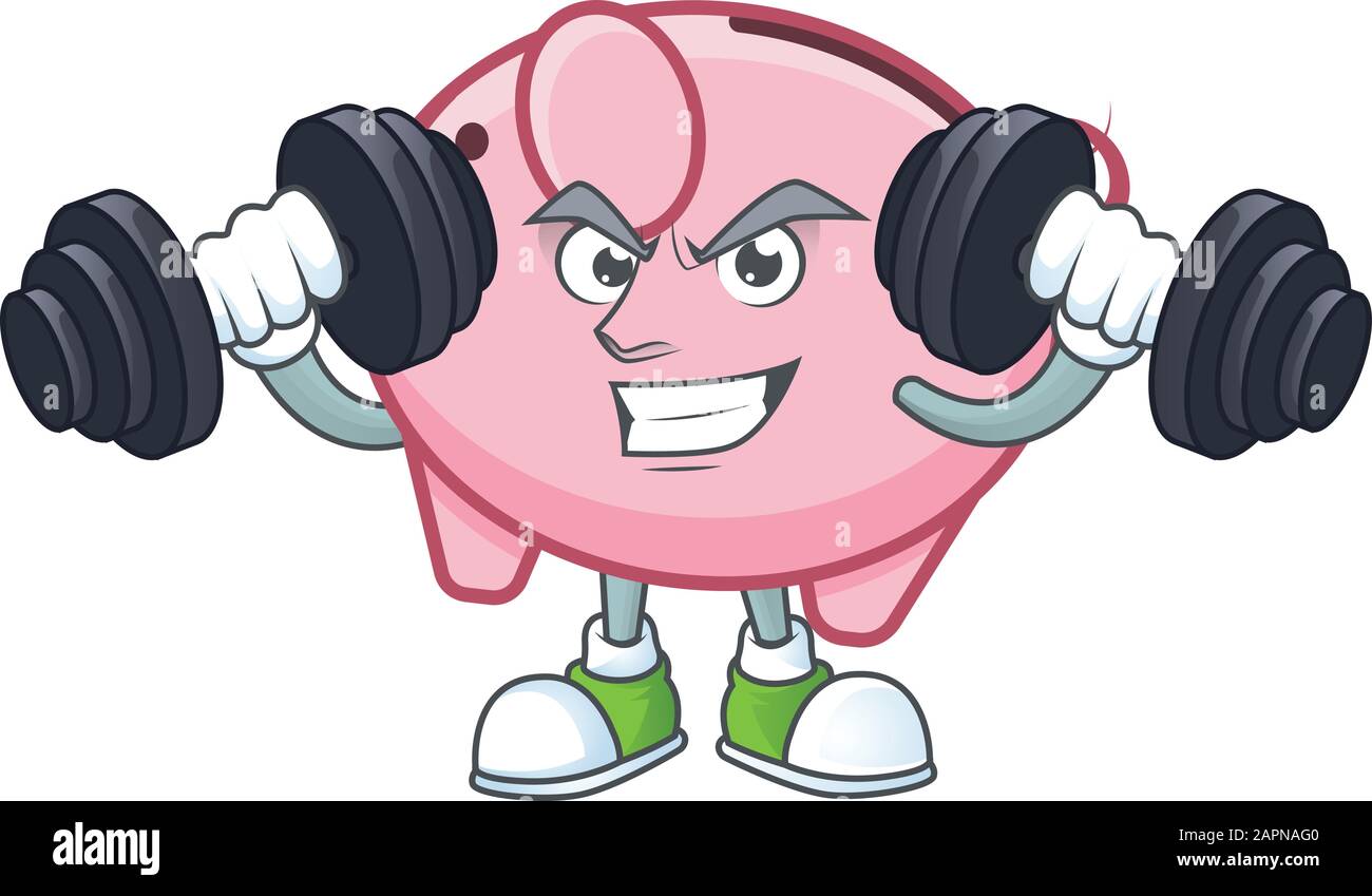 Fitness exercice piggy banque mascotte icône avec des cloches Illustration de Vecteur