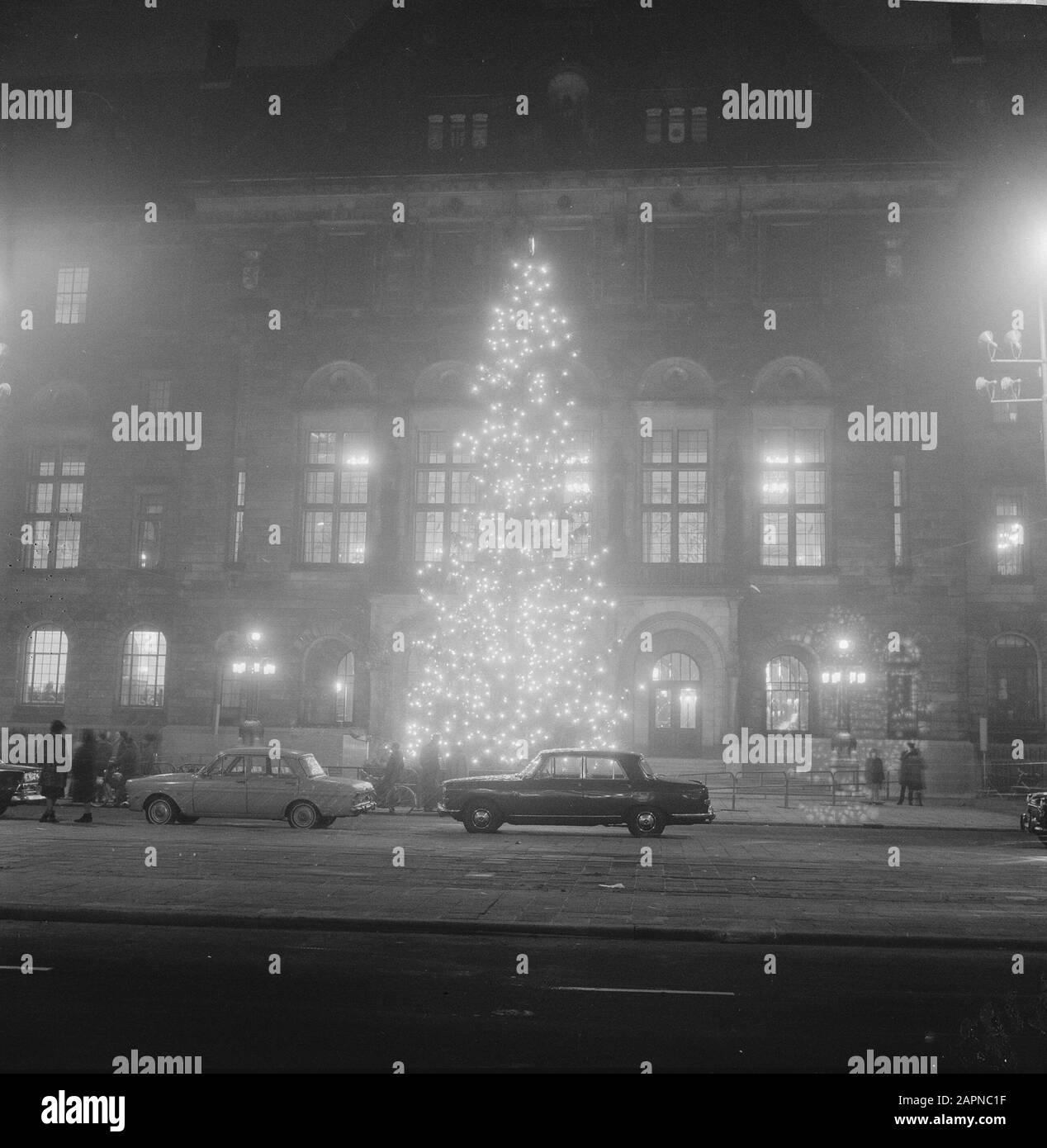 Arbre de Noël d'Oslo étincelant devant l'Hôtel de Ville de Rotterdam Date: 14 décembre 1965 lieu: Rotterdam, Hollande-Méridionale mots clés: Soir, mairie, arbres de Noël, nuit Banque D'Images