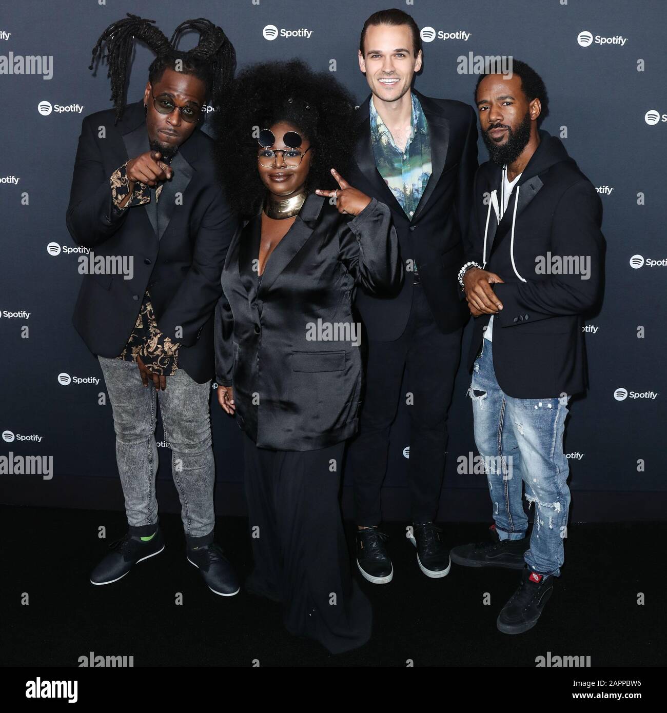 WEST HOLLYWOOD, LOS ANGELES, CALIFORNIE, ÉTATS-UNIS - 23 JANVIER : Norman Spence, Joshua Johnson, Tarriona 'Tank' ball, Allenbeck Etienne et Allenbeck Etienne de Tank et les Bangas arrivent au Spotify Best New Artist 2020 Party tenu au Lot Studios le 23 janvier 2020 à West Hollywood, Los Angeles, Californie, États-Unis. (Photo De Xavier Collin/Image Press Agency) Banque D'Images