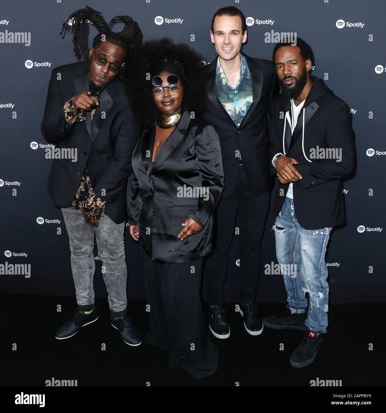 WEST HOLLYWOOD, LOS ANGELES, CALIFORNIE, ÉTATS-UNIS - 23 JANVIER : Norman Spence, Joshua Johnson, Tarriona 'Tank' ball, Allenbeck Etienne et Allenbeck Etienne de Tank et les Bangas arrivent au Spotify Best New Artist 2020 Party tenu au Lot Studios le 23 janvier 2020 à West Hollywood, Los Angeles, Californie, États-Unis. (Photo De Xavier Collin/Image Press Agency) Banque D'Images