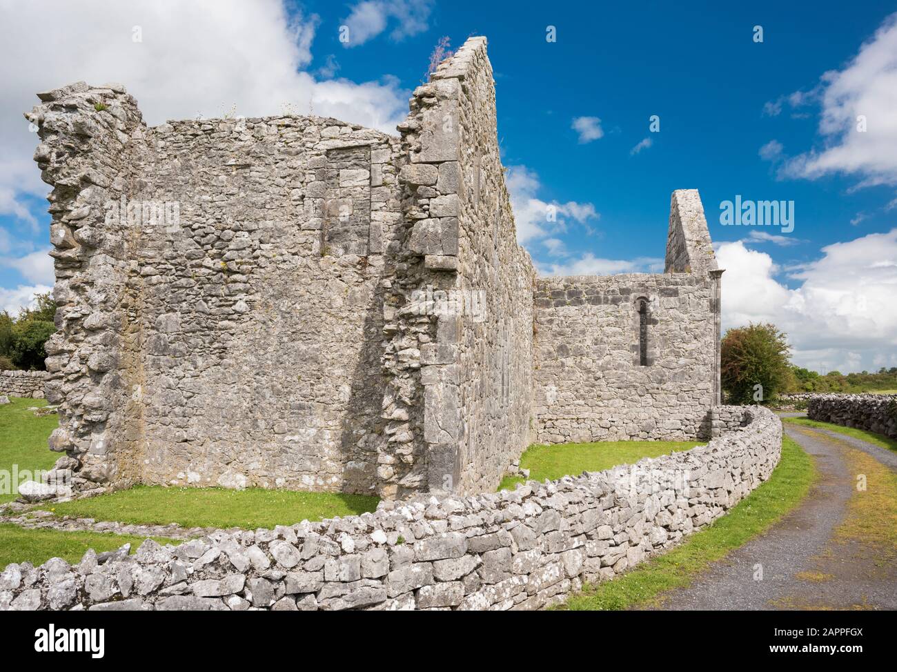 Bâtiments en ruines et murs en pierre construits à partir de calcaire carbonifère au monastère Kilmacduagh du VIIe siècle près de Gort, comté de Galway, Irlande Banque D'Images