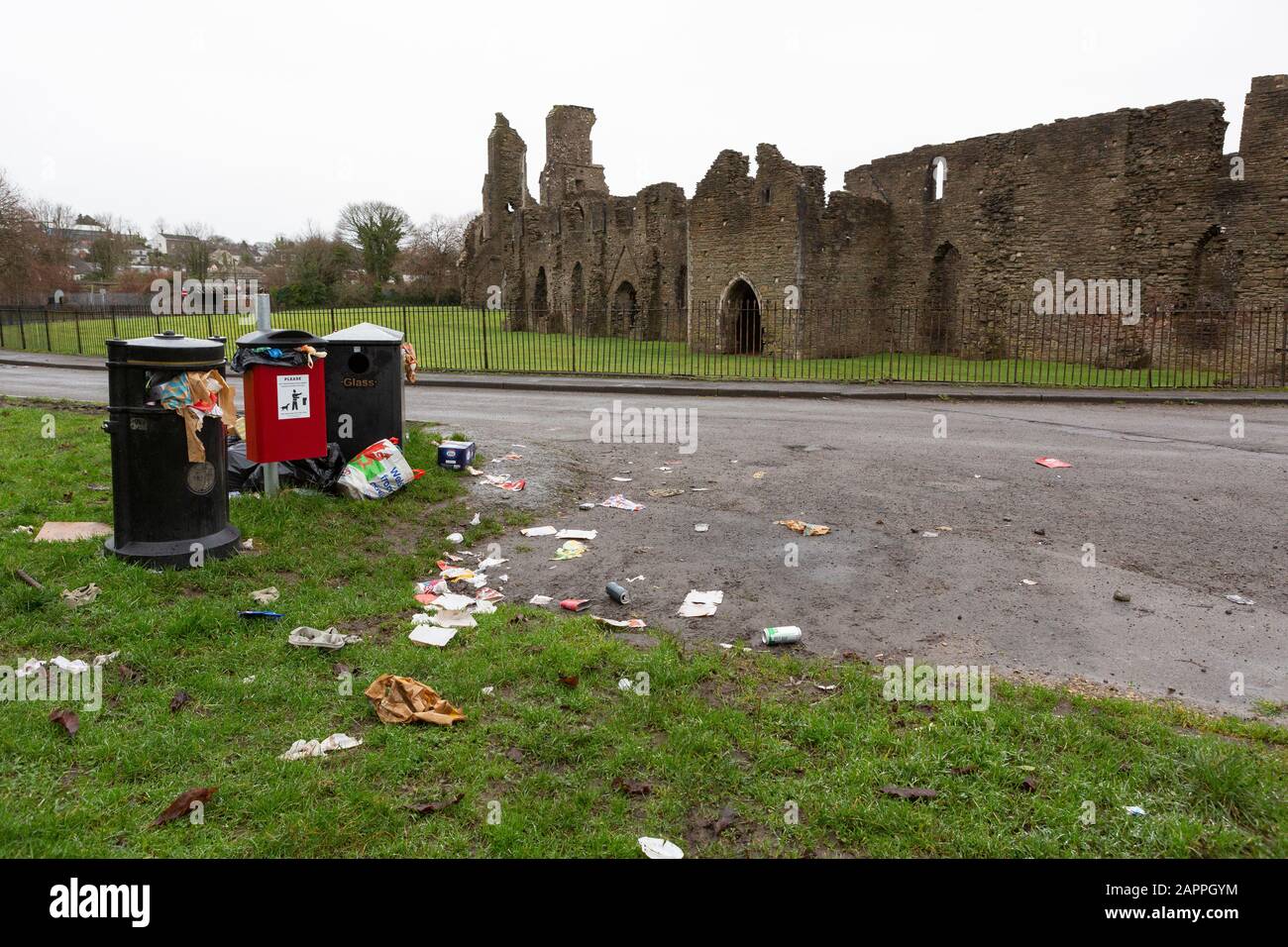 Poubelles débordantes devant l'abbaye de Neath, au sud du Pays de Galles Banque D'Images