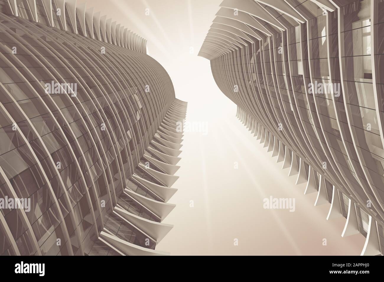 Deux gratte-ciel identiques dans la vue de dessous de teinte grise. rendu tridimensionnel Banque D'Images