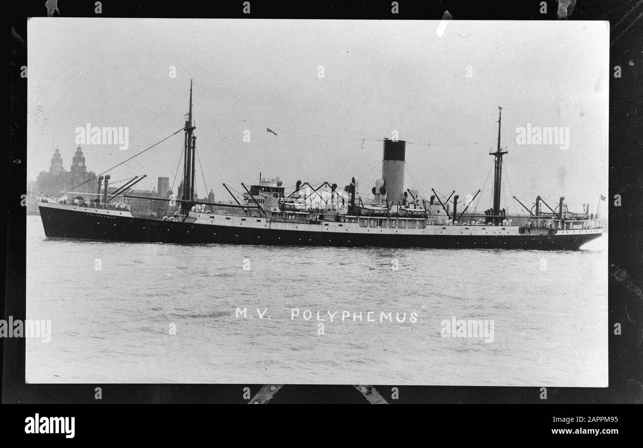 Mn [Marine marchande]/Anefo série Londres flotte de commerçants néerlandais. Annotation M.s. Polyphemus : Repronegative. Construit en 1930 (Greenock) pour le néerlandais Steamvaart Mijoceen. Capitaine C. Koningstein. Le 27 mai 1942, torpillé et coulé au large de la côte nord-est des États-Unis par un bateau-U allemand [U-578]. Voir: www.uboat.net/allies/merchants/ships/1711.html Date: Non daté lieu: Grande-Bretagne mots clés: Flottes de commerçants, marine, navires, seconde Guerre mondiale Nom personnel: Polyphemus Banque D'Images