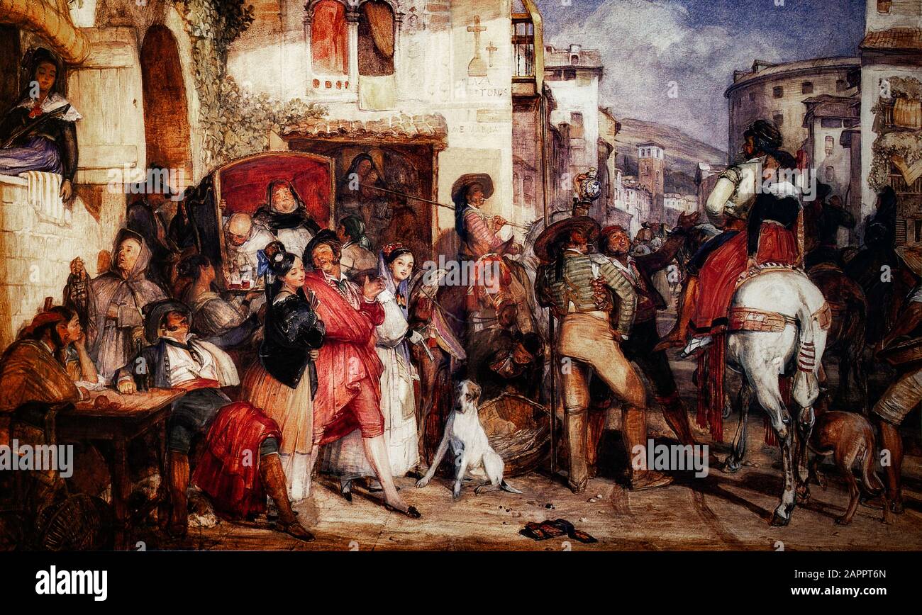 'Une fête espagnole' dans un emplacement inconnu. Peinture de John Frederick Lewis RA (1804-1876), peintre anglais Orientaliste, spécialisé dans les scènes orientales et méditerranéennes en aquarelle ou en huiles détaillées. Banque D'Images