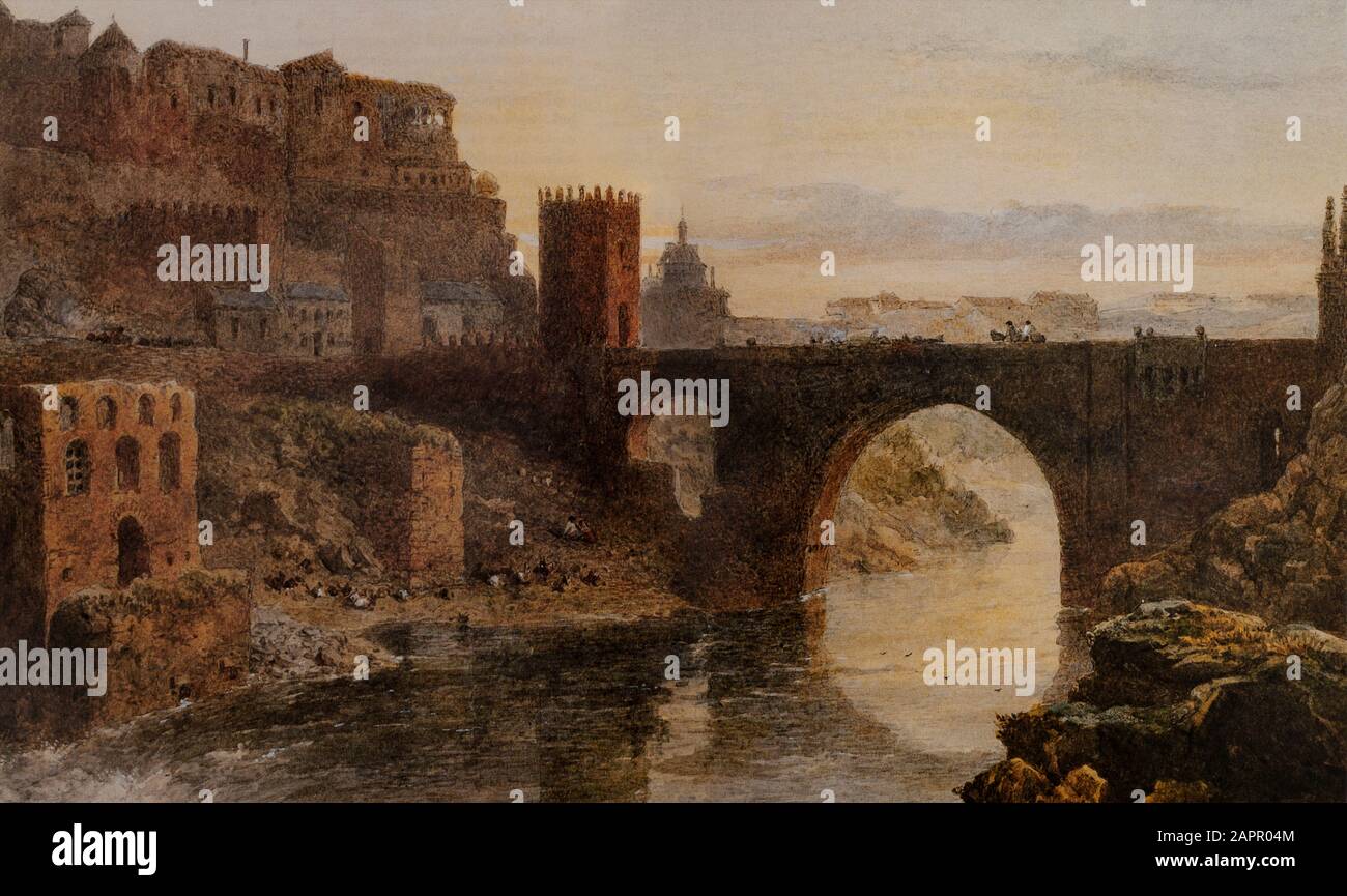 Le Puente de Alcántara est un pont d'arche romaine à Tolède, en Espagne, enjambant le Tage. Situé au pied du Castillo de San Servando, il a été construit par les Romains après qu'ils ont fondé la ville. Au Moyen âge, c'était l'une des rares entrées pour les pèlerins dans la ville. Peinture d'Edward Angelo Goodall (1819-1908), un paysage anglais et un artiste orientaliste. Banque D'Images