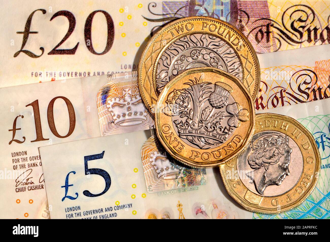 Monnaie britannique - pièces de monnaie et billets Banque D'Images