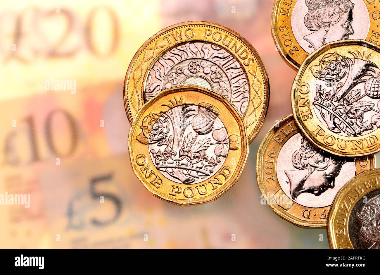 Monnaie britannique - pièces de monnaie et billets Banque D'Images