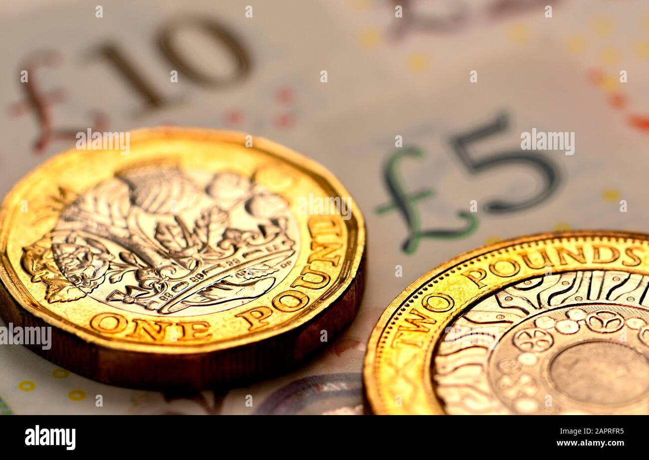 Monnaie britannique - pièces de monnaie et billets Banque D'Images