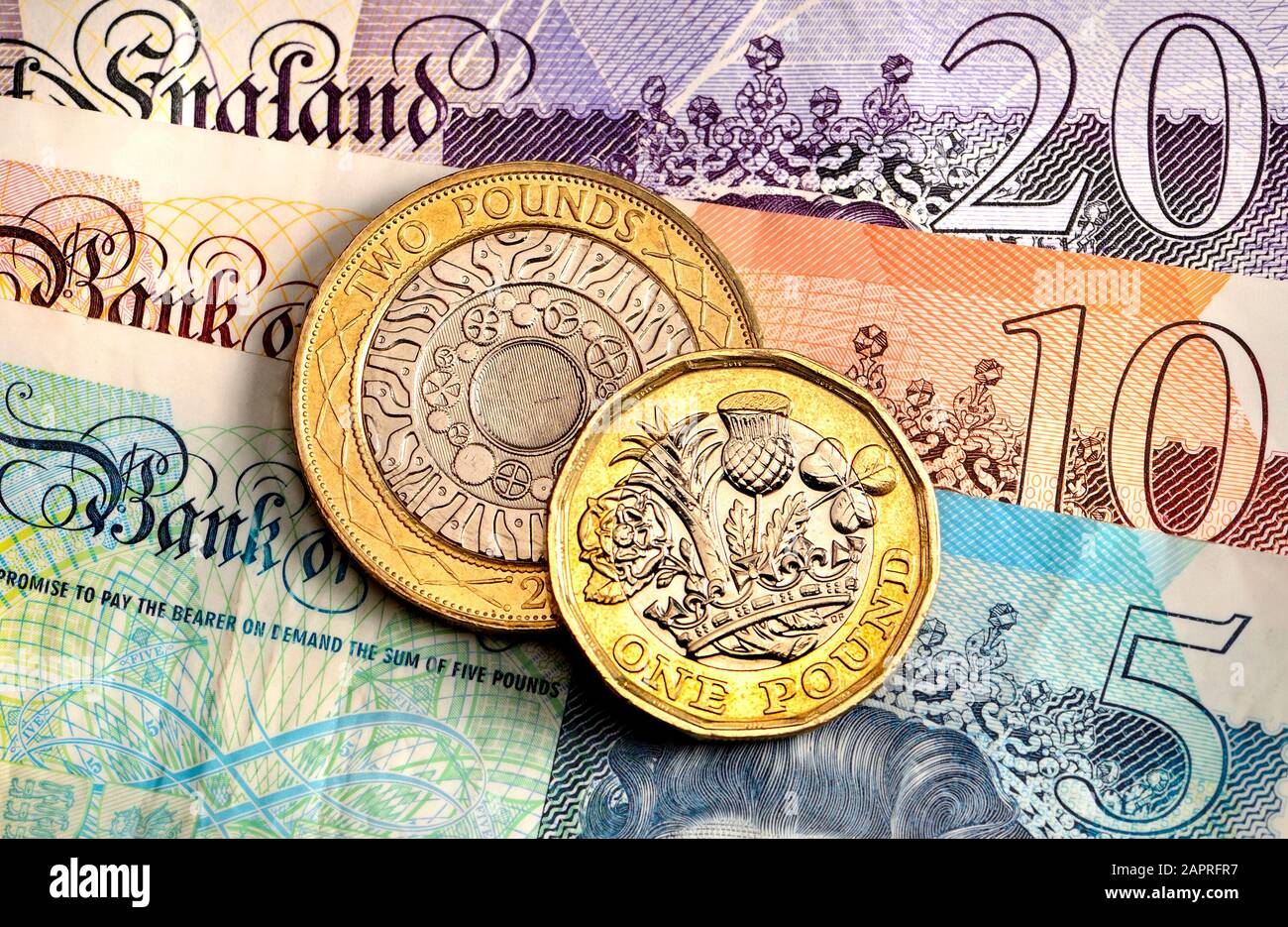 Monnaie britannique - pièces de monnaie et billets Banque D'Images