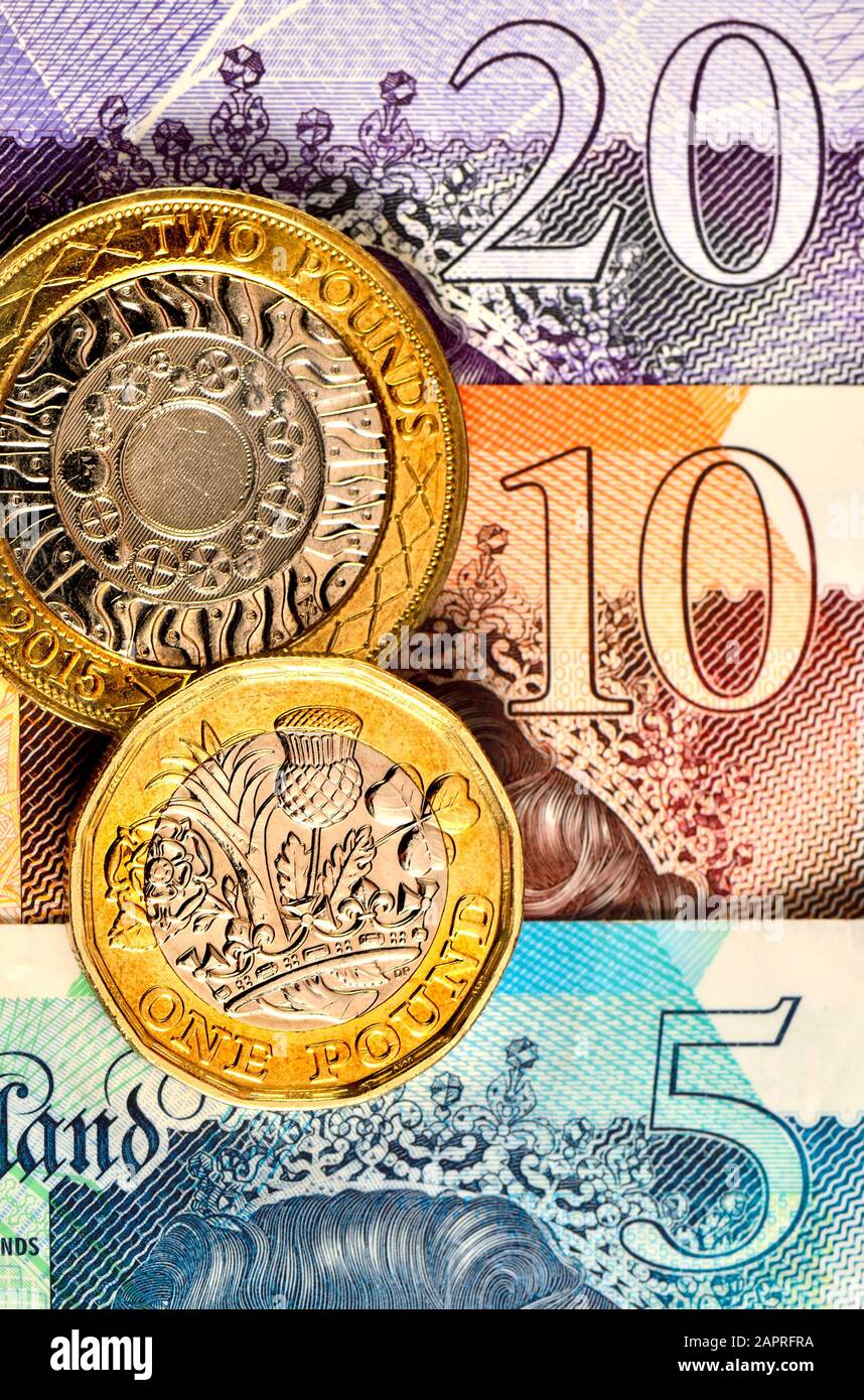 Monnaie britannique - pièces de monnaie et billets Banque D'Images