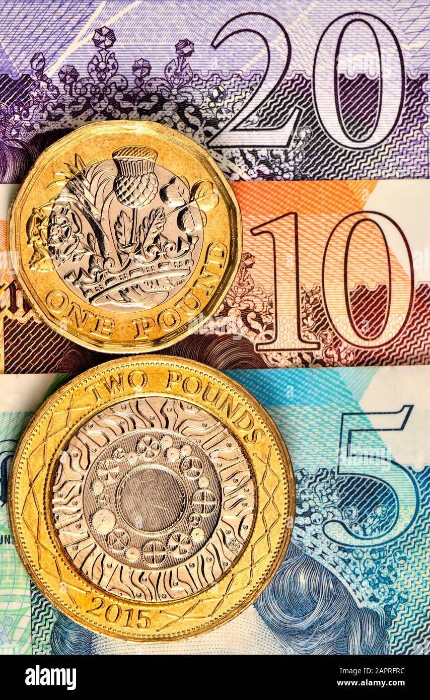 Monnaie britannique - pièces de monnaie et billets Banque D'Images