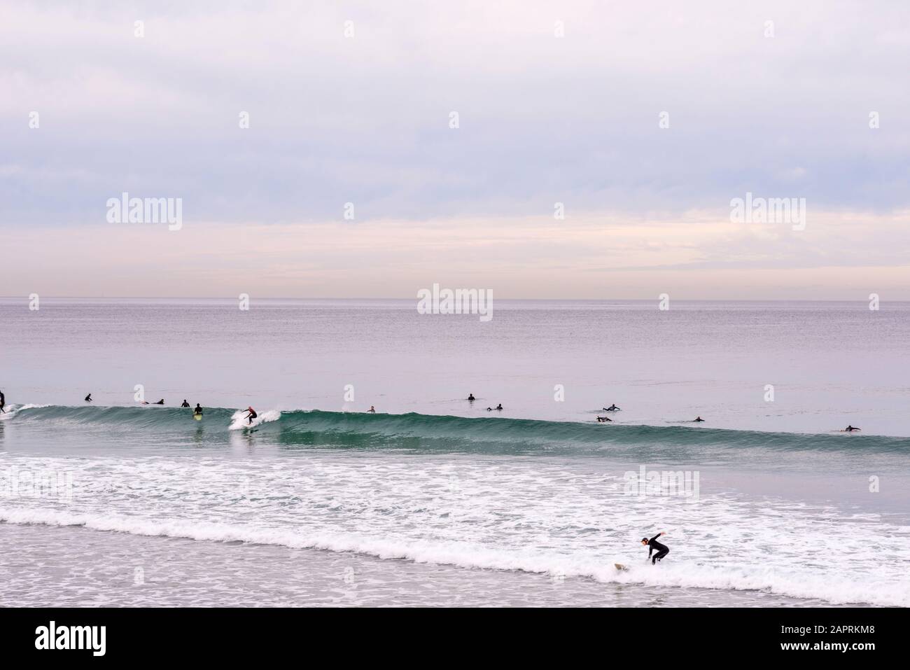 Surfeurs sur la plage de la Jolla Shores lors d'une matinée hivernale. Banque D'Images