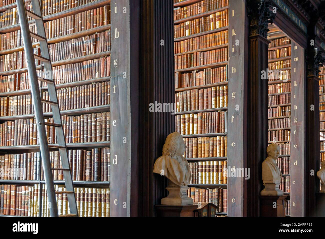 Dublin, IRLANDE - 15 FÉVRIER 2014 : bibliothèque ancienne avec étagères de livres anciens dans la salle long du Trinity College. Banque D'Images