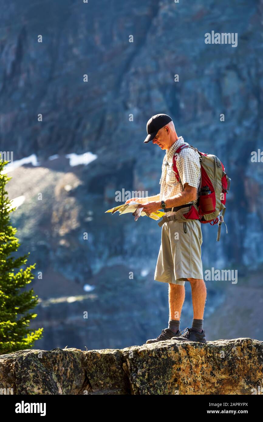 Randonneur mâle regardant une carte sur une crête rocheuse avec une falaise de montagne au loin, parc national Yoho; Field, Colombie-Britannique, Canada Banque D'Images