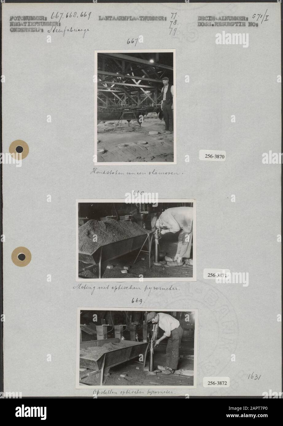 Fabrication de pierres photo 1: Fabrication de pierres; tir à la main d'un four à flamme (6x8,5 cm; inconnu) photo 2: Fabrication de pierres; mesure avec pyromètre optique (6x9 cm; inconnu) photo 3: Fabrication de pierres; mise en place d'un pyromètre optique (6x9 cm; inconnu) Date: Non daté mots clés: Travailleurs, industrie de briques, instruments de mesure, fours, pyromètre Banque D'Images