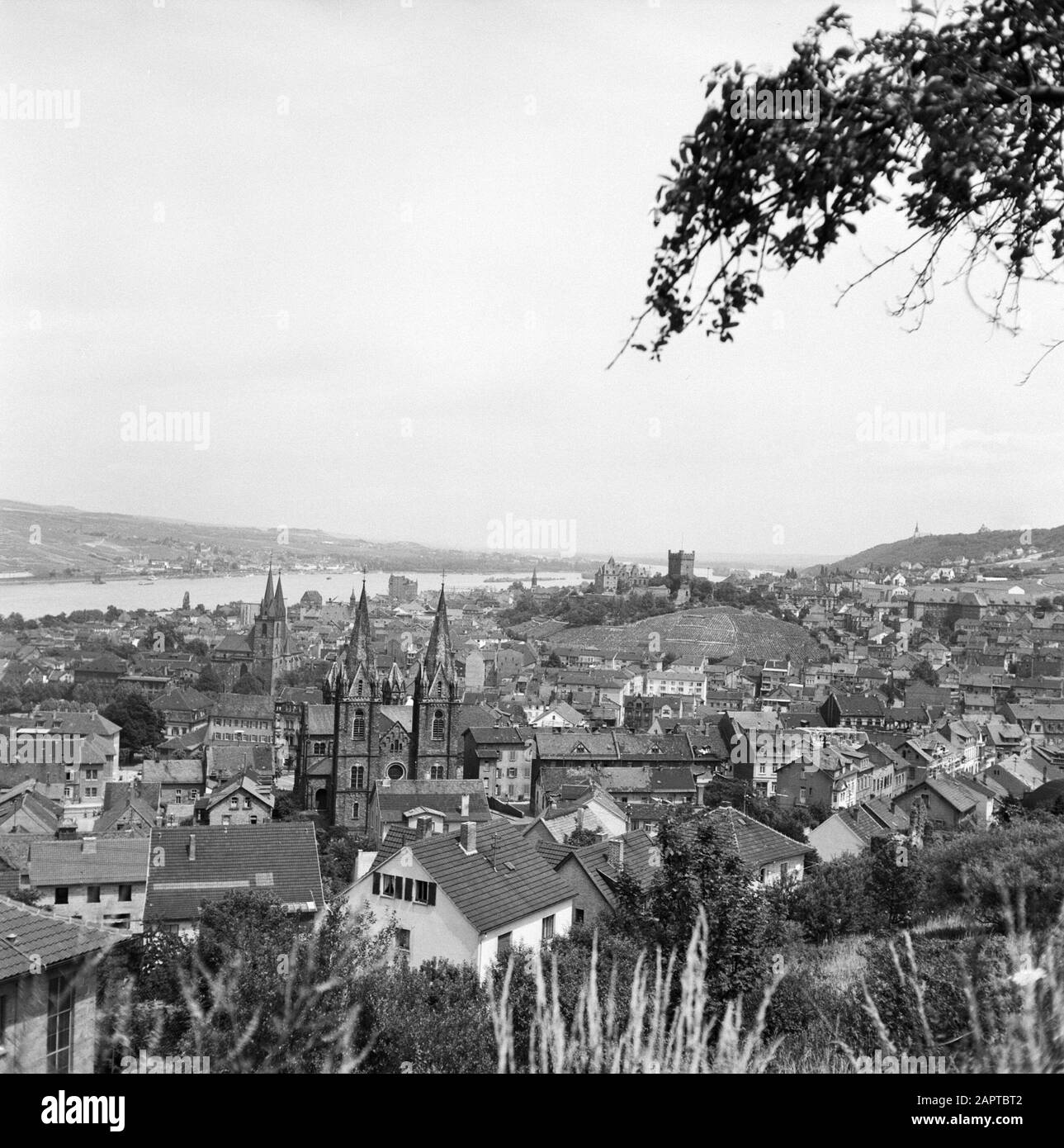 Navigation sur le Rhin, rapport sur la vie et le travail à bord d'un bateau du Rhin vue sur le Bingen sur le Rhin avec Burg Klopp Date: 1 avril 1955 lieu: Bingen, Allemagne, Allemagne de l'Ouest mots clés: Collines, châteaux, rivières, sculptures de ville Banque D'Images