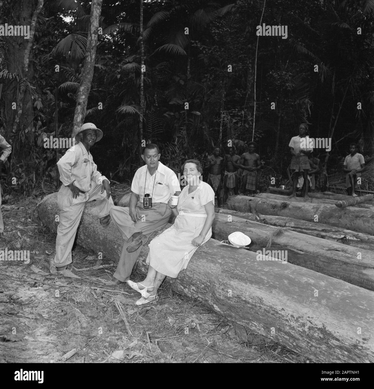 Antilles néerlandaises et Suriname au moment de la visite royale de la Reine Juliana et du Prince Bernhard en 1955 Hilde pose avec un photographe sur un tronc d'arbre Date: 1 octobre 1955 lieu: Suriname mots clés: Arbres, forêt#####, photographes, bois, industrie, indigènes Nom personnel: Hilde Banque D'Images