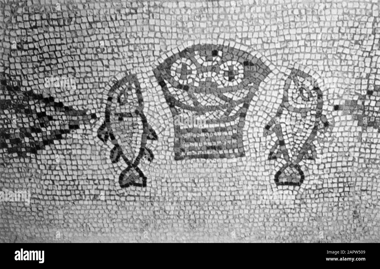 Église de la multiplication Miraculeuse du pain à Tabgha sur la rive du lac Tiberias. Mosaïque du cinquième siècle devant l'autel principal avec un panier de pain et deux poissons Date: 1 janvier 1964 lieu: Israël, Lac Tiberias, Tabgha mots clés: Pain, sanctuaires, intérieurs, bâtiments d'église, mosaïques, poissons, miracles Banque D'Images