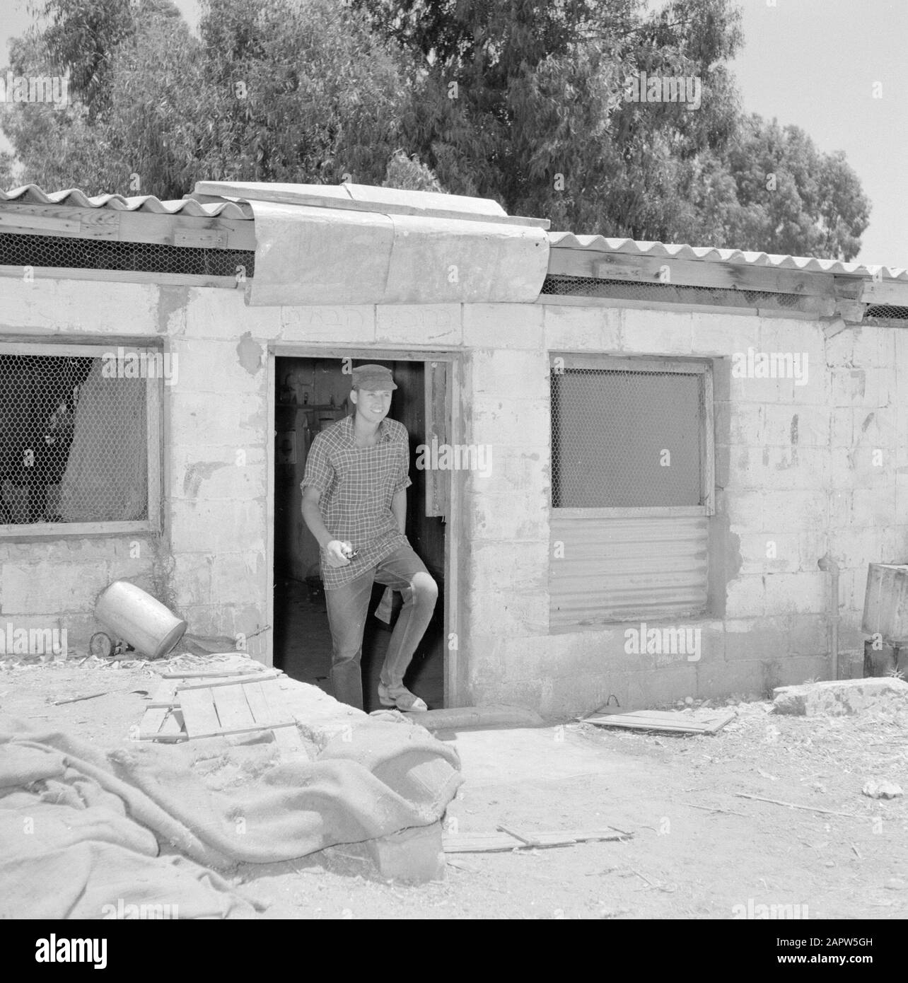Israël - Nir Elyahu Kibbutz Nir Elyahu. Kibbutz résident juste laissant un hangar dont les ouvertures de fenêtre sont scellées avec des fils de poulet Date: 1 janvier 1963 lieu: Israël, Nir Elyahu mots clés: Travailleurs, portes, kibboutz, agriculture, fenêtres Banque D'Images