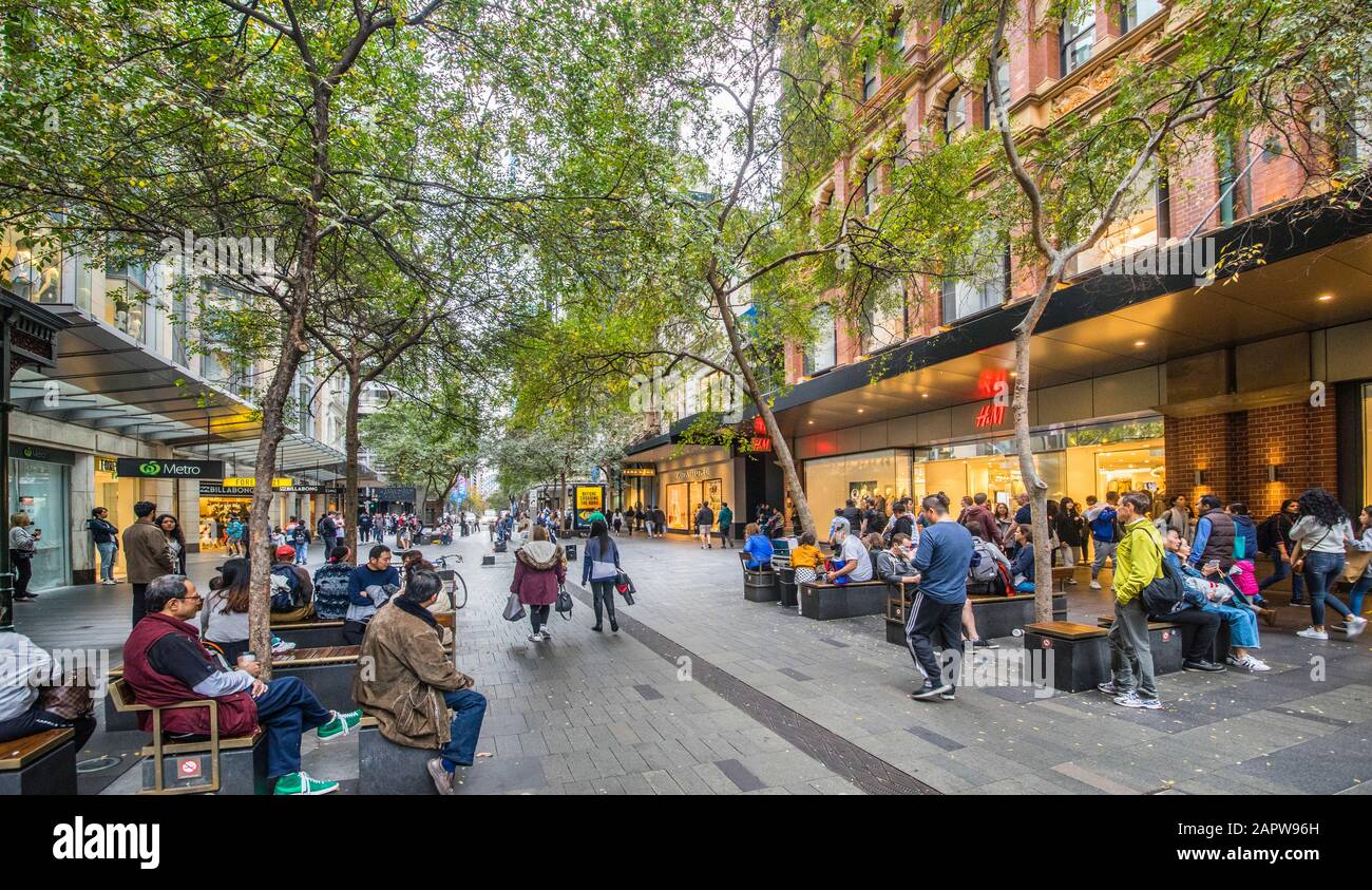 Centre commercial piétonnier de Pitt Street Mall dans le quartier central des affaires de Sydney en Nouvelle-Galles du Sud, en Australie Banque D'Images
