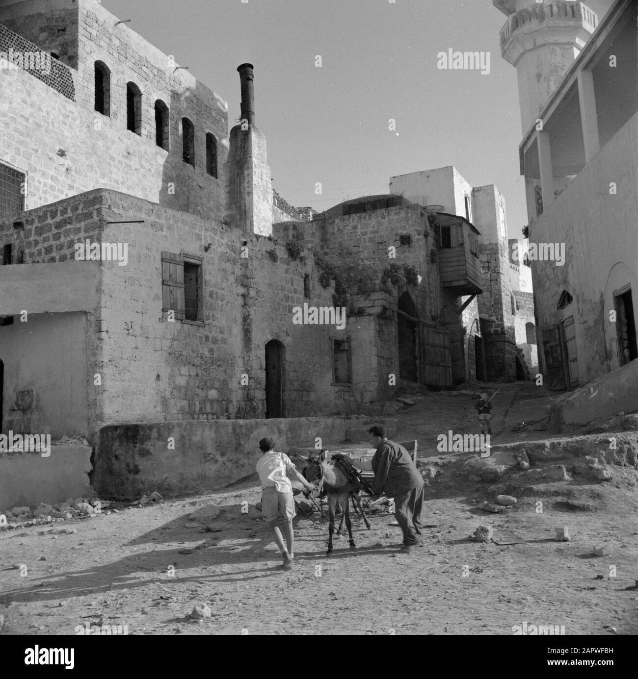 Israël 1948-1949: Jaffa hommes avec un chariot âne dans une rue non pavée, vraisemblablement à Jaffa Date: 1948 lieu: Israël, Jaffa mots clés: Ânes, charrettes, images de rue, maisons Banque D'Images