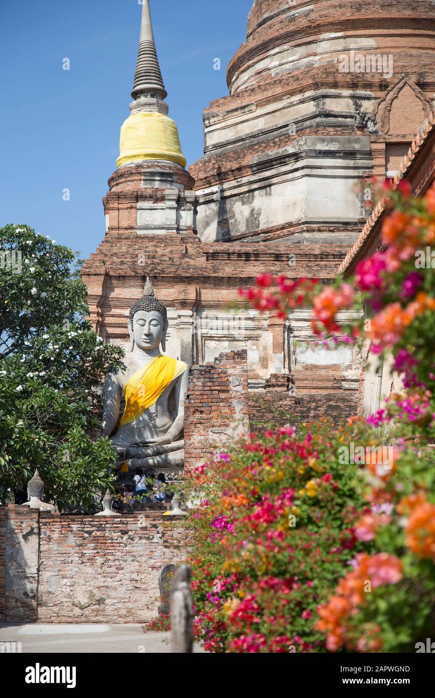 Wat Yai Chai Mongkhon avec des fleurs bougainvilliers colorées et Bouddha Banque D'Images