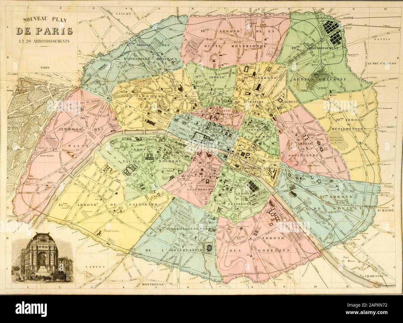Plan historique de Paris vers 1850, France Banque D'Images