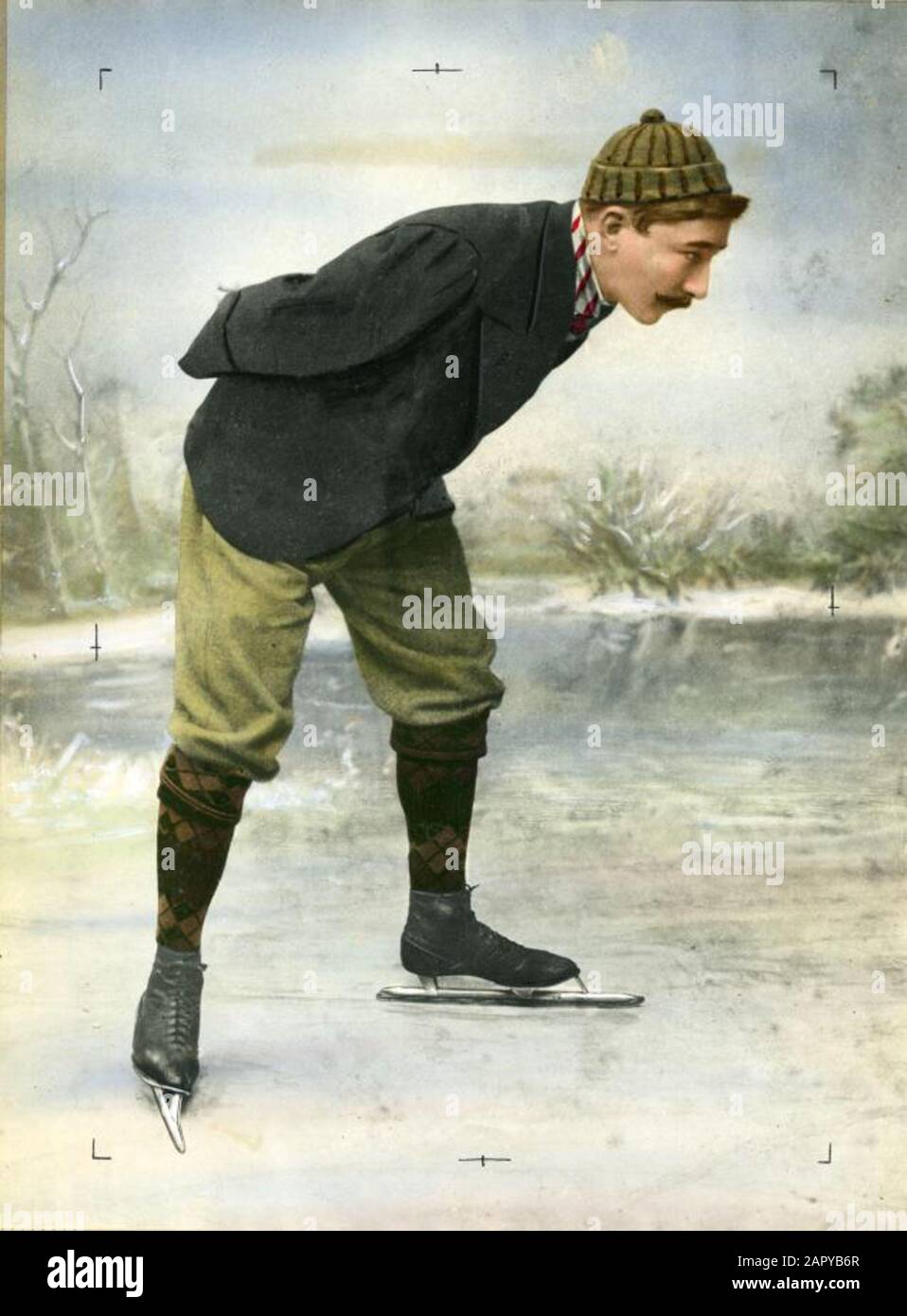 Patineuse néerlandaise Jaap Eden, sur la glace. Lieu inconnu, 1890-1900 Photo Couleur noir/blanc du Livre sportif Blue Band », partie 9, page 219. Banque D'Images