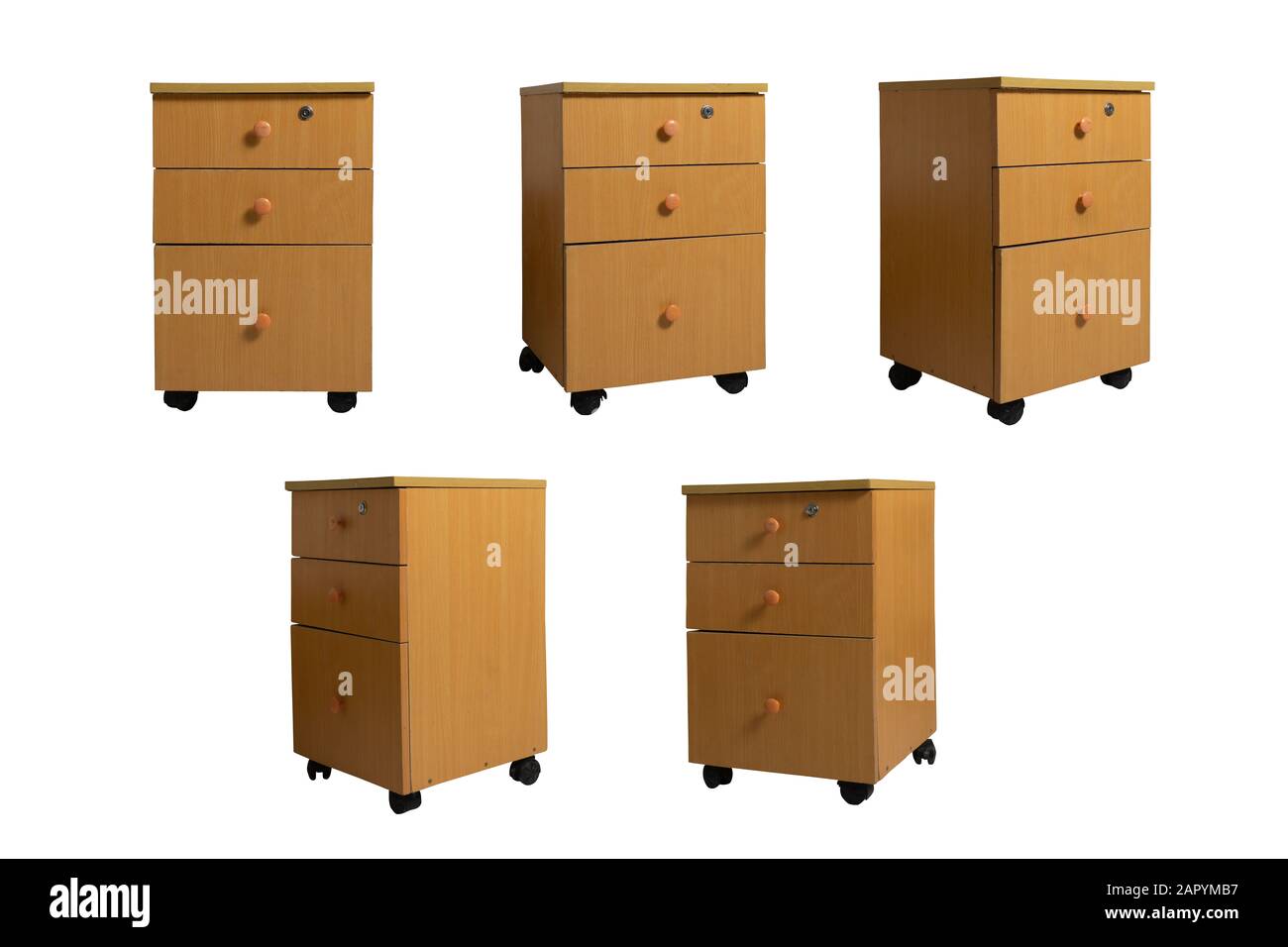 Cinq points de vue différents de la table de nuit à tiroir en bois. Idéal pour les artistes numériques Banque D'Images