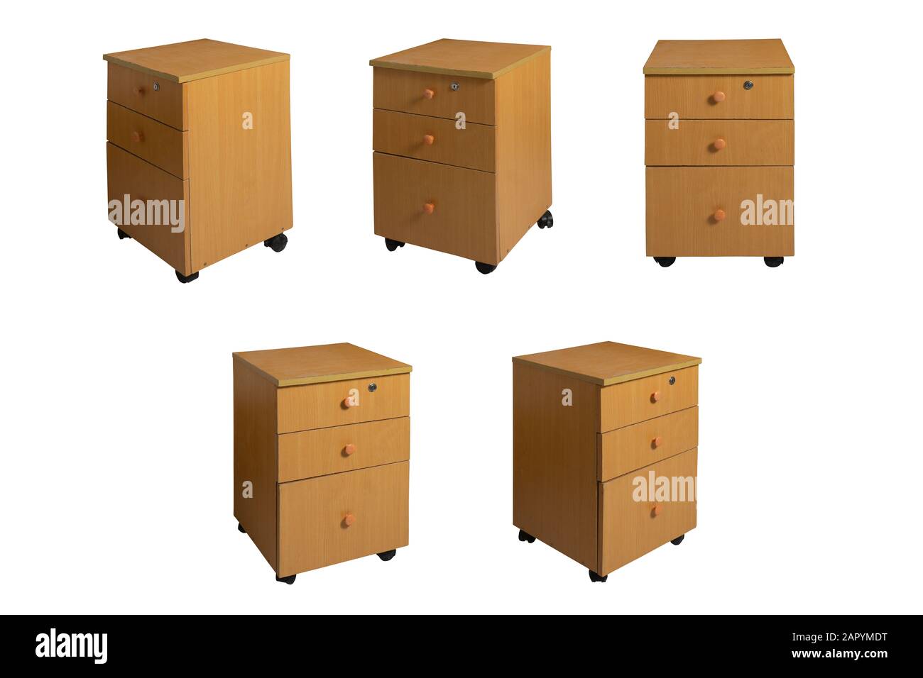 Cinq points de vue différents de la table de nuit à tiroir en bois. Idéal pour les artistes numériques Banque D'Images